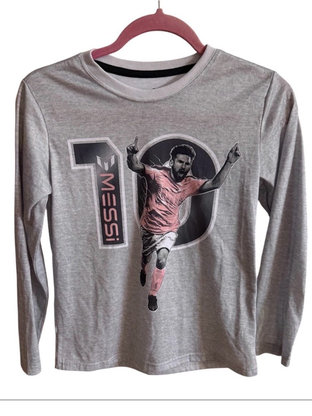 Messi #10 Graphic Long Sleeve Tee - Gray & Pink  boys large 10-12 world cup